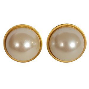 Carolee Matte Gold Tone Round White Faux Pearl Button Clip-On Earrings, E65